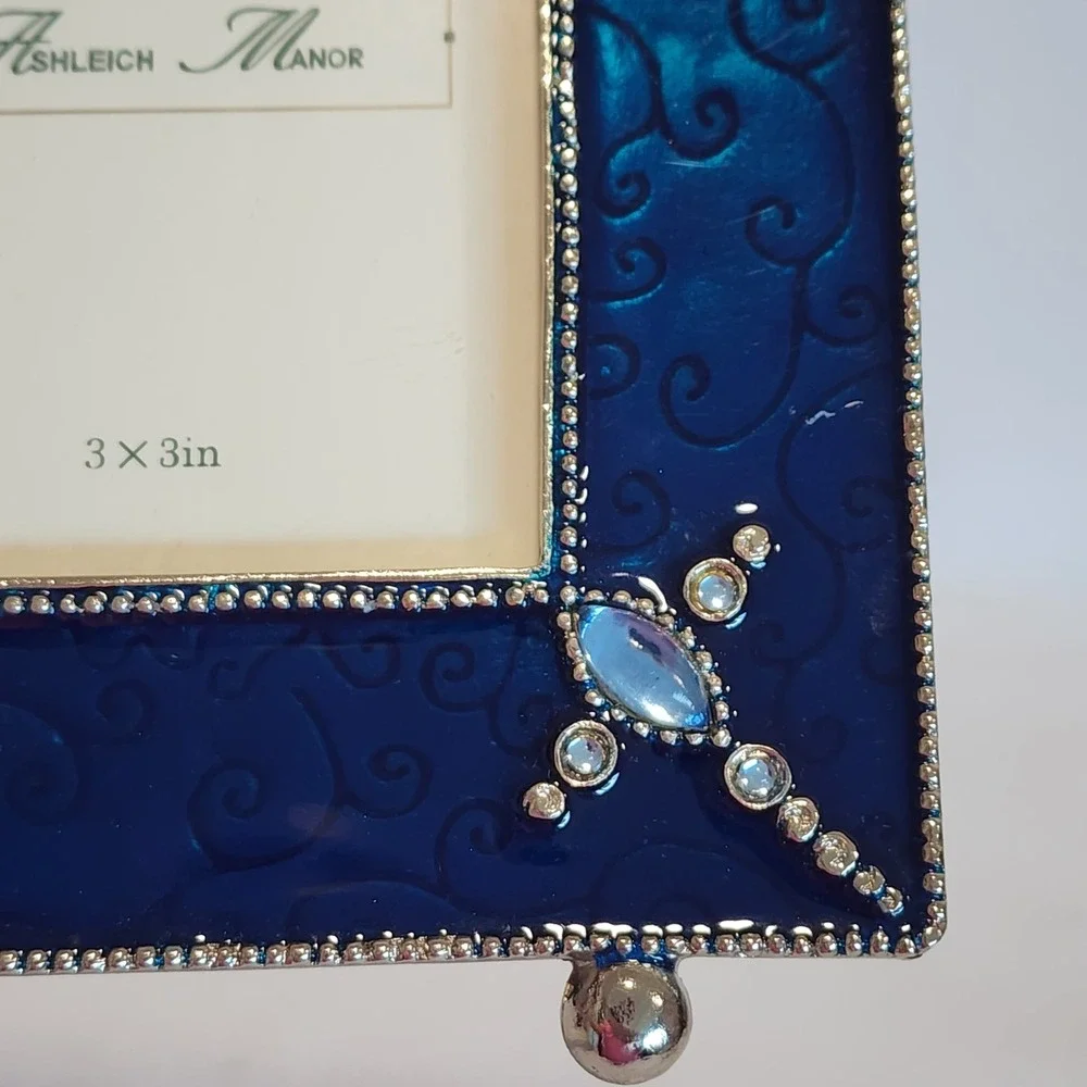 Ashleigh Manor Navy Blue Enamel Rhinestone 3x3 Picture Frame Scroll Silver Tone